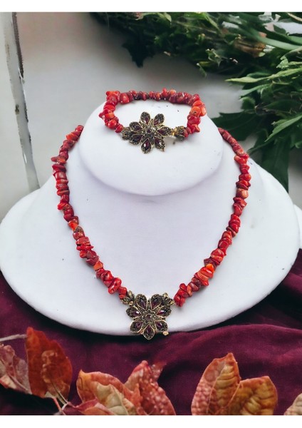 Çiçek Figür Kırmızı Mercan Doğal Taş Kolye Ve Bileklik Seti