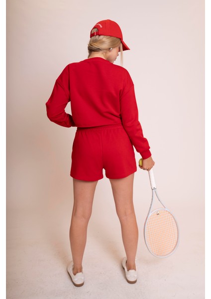 Delicate Kadın Kırmızı Oversize Crop Sweatshirt - "vibes" Tenis Raketi Baskılı, Spor & Günlük Şık Stil fiyatları