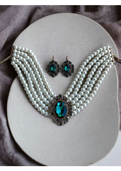 Zümrüt Yeşil Chooker Tasma İnci Kolye ve Küpe Seti