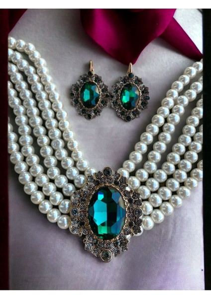 Zümrüt Yeşil Chooker Tasma İnci Kolye ve Küpe Seti fiyatları