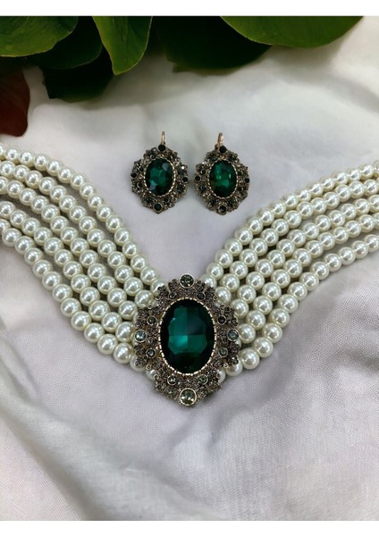 Zümrüt Yeşil Chooker Tasma İnci Kolye ve Küpe Seti modelleri