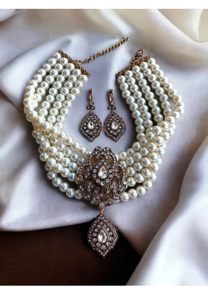 Beyaz Kristal Taşlı İnci Kolye ve Küpe Seti