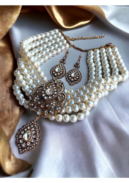 Beyaz Kristal Taşlı İnci Kolye ve Küpe Seti fiyatları