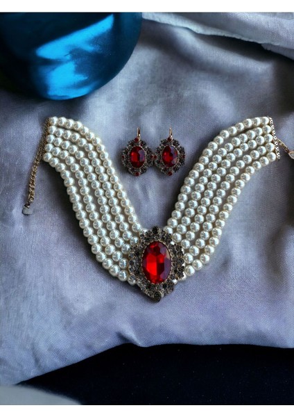 Yakut Kırmızı Chooker Tasma İnci Kolye ve Küpe Seti