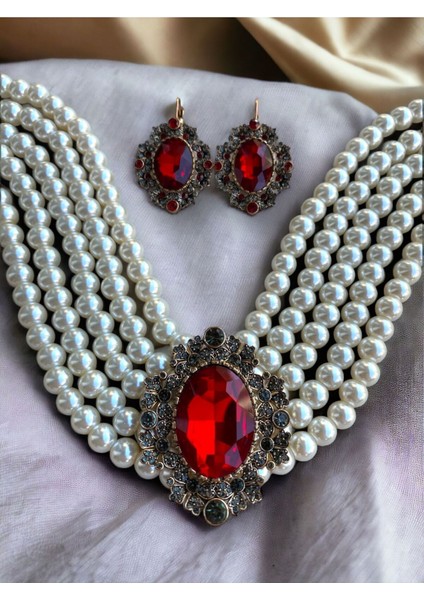 Yakut Kırmızı Chooker Tasma İnci Kolye ve Küpe Seti fiyatları