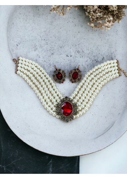 Yakut Kırmızı Chooker Tasma İnci Kolye ve Küpe Seti modelleri
