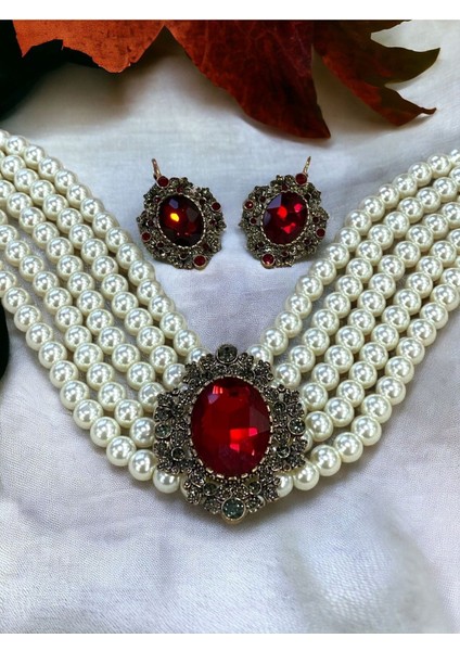 Yakut Kırmızı Chooker Tasma İnci Kolye ve Küpe Seti fırsatları