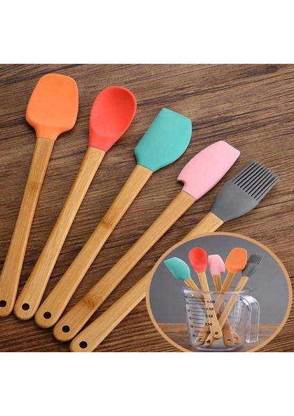 - Bambu Saplı Mini 5'li Silikon Başlı Sıpatula Mutfak Seti Isıya dayanıklı Spatulu Seti 5 Parça
