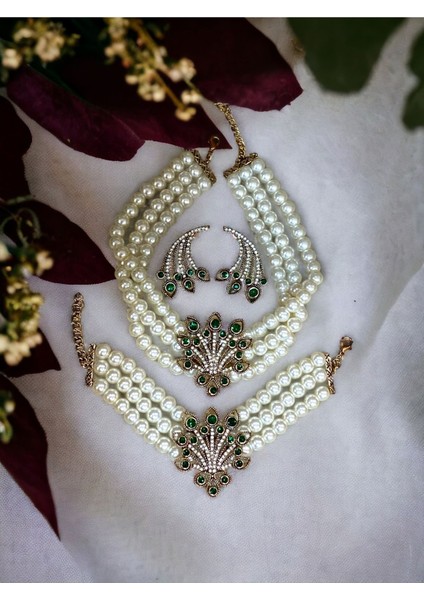 Zümrüt Yeşil Hayat Ağacı Figür Inci Kolye Inci Bileklik ve Küpe Seti fiyatları