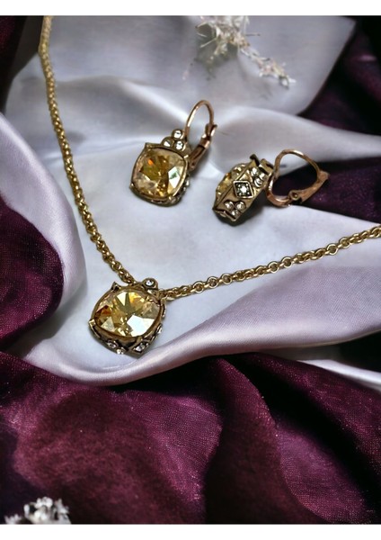 Sarı Kristal Taşlı Kolye ve Küpe Seti