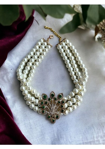 Zümrüt Yeşil Hayat Ağacı Figür Inci Kolye