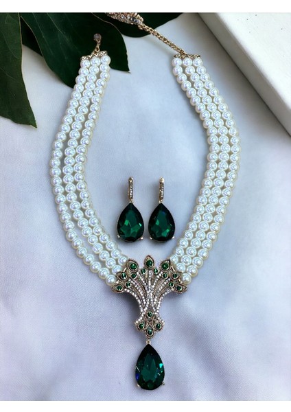 Zümrüt Yeşil Hayat Ağacı Figür Inci Kolye ve Küpe Seti