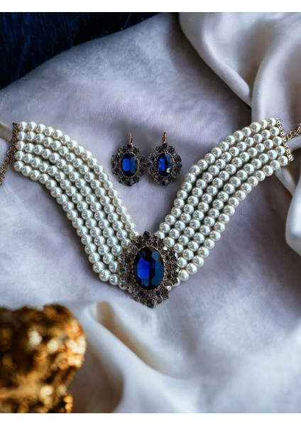 Safir Mavi Chooker Tasma İnci Kolye ve Küpe Seti