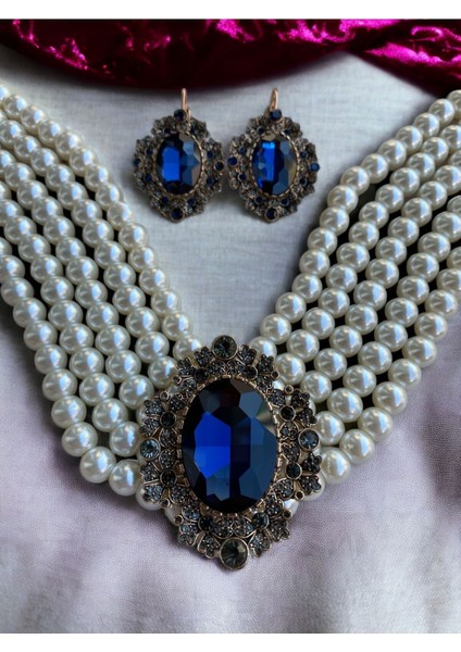 Safir Mavi Chooker Tasma İnci Kolye ve Küpe Seti fiyatları