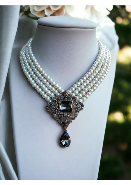 Antrasit Gri Cam İnci Tasma Kolye