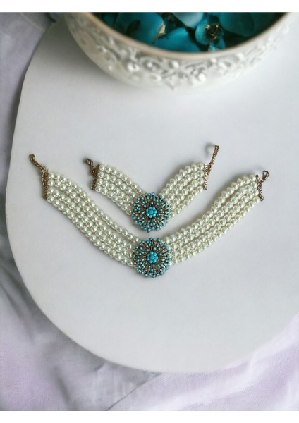 Turkuaz Taşlı Dandelion İnci Kolye ve İnci Bileklik Seti