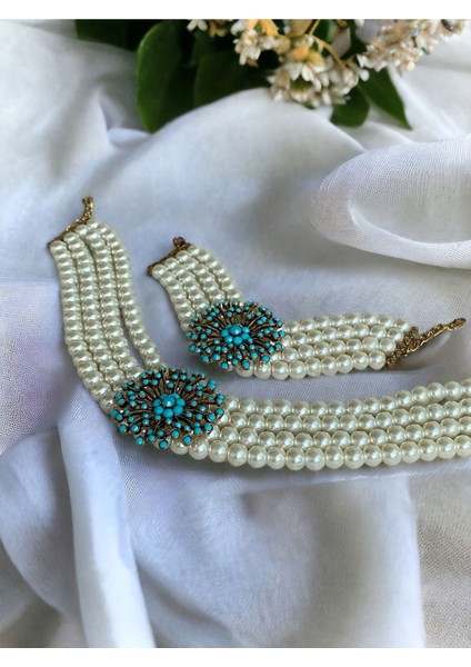Turkuaz Taşlı Dandelion İnci Kolye ve İnci Bileklik Seti fiyatları
