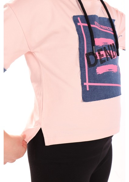 Kız Çocuk Denım Baskılı Kapüşonlu Tişört