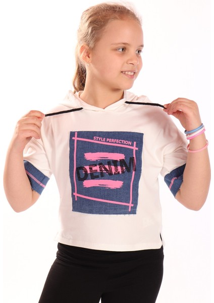 Kız Çocuk Denım Baskılı Kapüşonlu Tişört