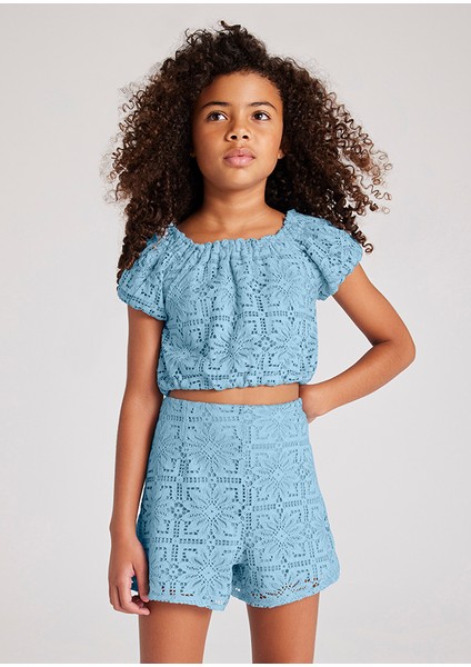 10-16 Yaş Kız Çocuk Mavi Güpürlü Şort Bluz Takım - Mavi modelleri