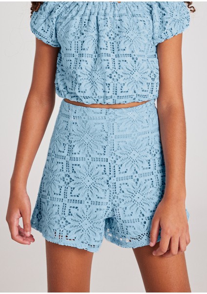 10-16 Yaş Kız Çocuk Mavi Güpürlü Şort Bluz Takım - Mavi indirimleri