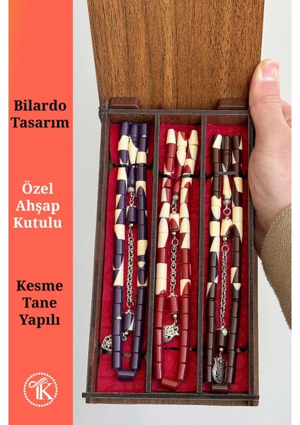 3'lü Ahşap Kutusunda Kesme Bilardo Toz Kehribar Tesbih