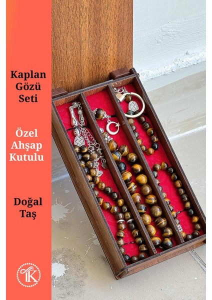 Ahşap Kutuda Kaplan Gözü Seti Tesbih - Bileklik - Anahtarlık