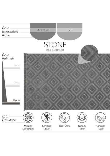 Stone 1089 Antrasit Kaymaz Taban Koridor Halı Kesme Yolluk Mutfak Halı Modern Salon Halısı fiyatları
