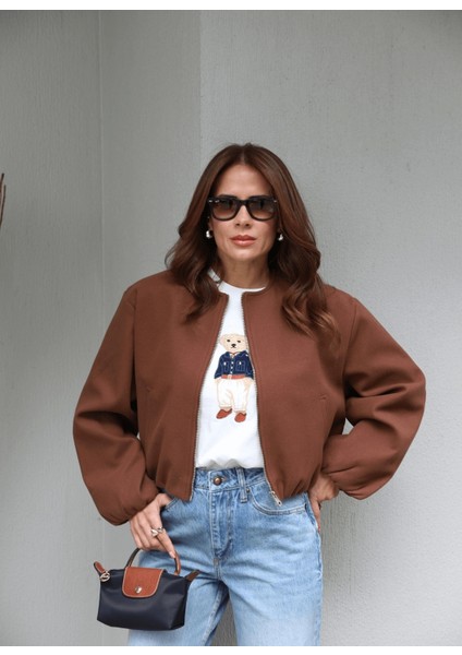 Kahve Fermuarlı Kaşe Bomber Ceket