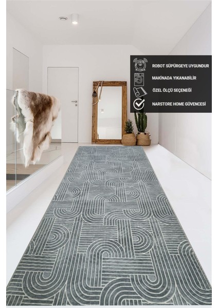 NarStore Home Elit Rölyef Antrasit Beyaz Kabartmalı Kaymaz Taban Yıkanabilir Kesme Yolluk Halı