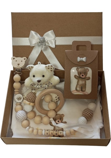 Hoşgeldin Bebek, Unisex, Yenidoğan Bebek Isimli Emzik Askısı, Ayıcık Baskılı Bady Önlük Hediye Seti