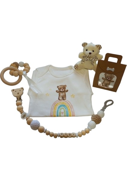 Hoşgeldin Bebek, Unisex, Yenidoğan Bebek Isimli Emzik Askısı, Ayıcık Baskılı Bady Önlük Hediye Seti modelleri