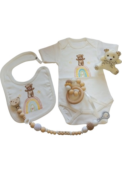 Hoşgeldin Bebek, Unisex, Yenidoğan Bebek Isimli Emzik Askısı, Ayıcık Baskılı Bady Önlük Hediye Seti fırsatları