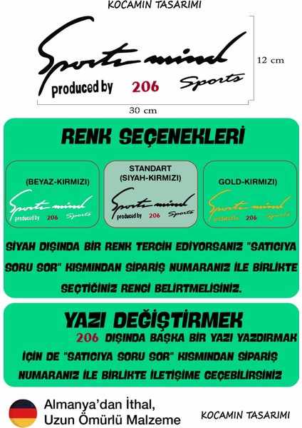 Peugeot 206 Sport Mind Far Dekor Sticker Siyah Zemin Kırmızı Yazı Şeritli Araç Aksesuarı 206 Yazılı