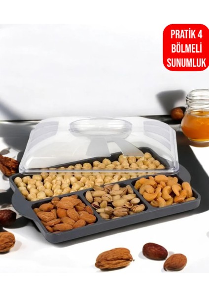 Pratik 4 Bölmeli Kapaklı Kahvaltılık & Çerezlik Sunumluk - Buzdolabı Saklama Kabı