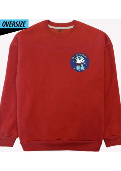 Snoopy And Space Themed Oversized Sweatshirt – Let The Space Adventure Begin! Kırmızı