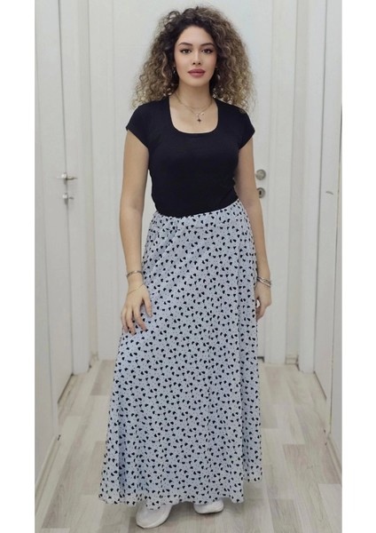 Bel Lastikli Flok Baskılı Kloş Şifon Etek 6003-SIYAH/MAVI fiyatları