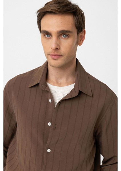 Kahve Relax Fit Çizgili Erkek Gömlek