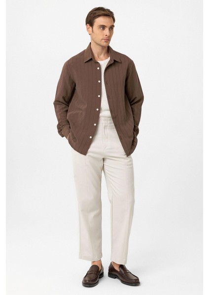 Kahve Relax Fit Çizgili Erkek Gömlek fiyatları