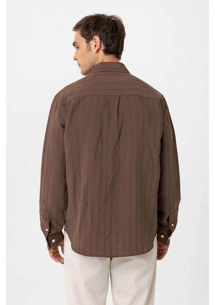 Kahve Relax Fit Çizgili Erkek Gömlek modelleri