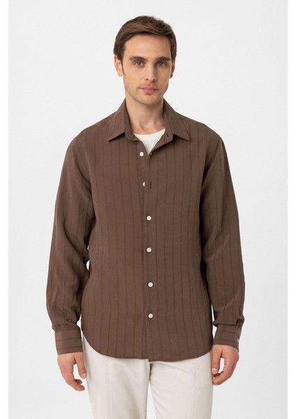 Kahve Relax Fit Çizgili Erkek Gömlek fırsatları