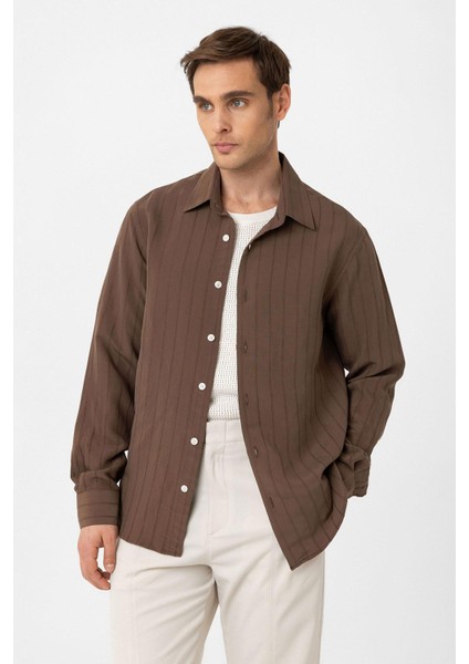Kahve Relax Fit Çizgili Erkek Gömlek indirimleri