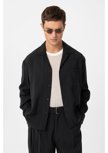 Siyah Relax Fit Modal Kumaş Erkek Gömlek