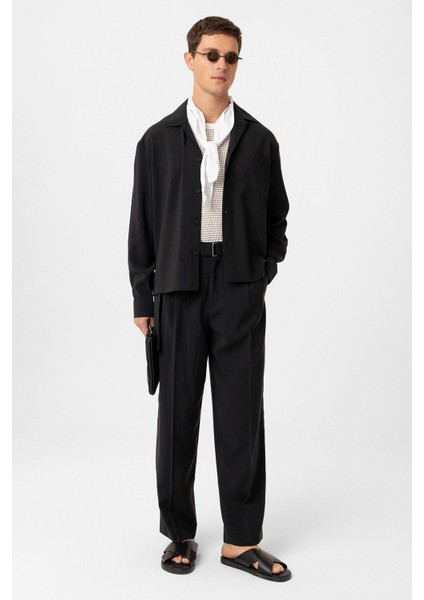 Siyah Relax Fit Modal Kumaş Erkek Gömlek fiyatları