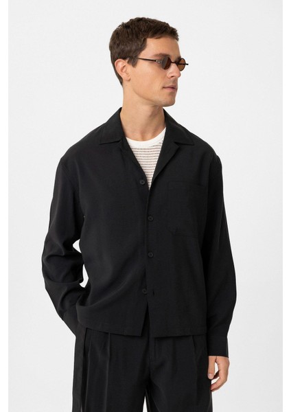 Siyah Relax Fit Modal Kumaş Erkek Gömlek modelleri