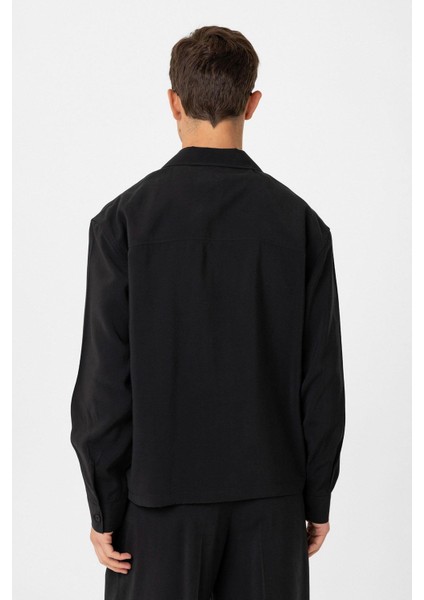 Siyah Relax Fit Modal Kumaş Erkek Gömlek indirimleri