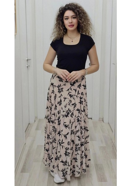 Bel Lastikli Flok Baskılı Kloş Şifon Etek 6003-SIYAH/PUDRA