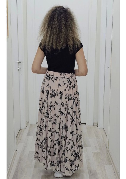 Bel Lastikli Flok Baskılı Kloş Şifon Etek 6003-SIYAH/PUDRA fırsatları