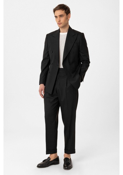 Siyah Kruvaze Kapama Italyan Kesim Yün Karışımlı Çizgili Erkek Teknik Takım fiyatları