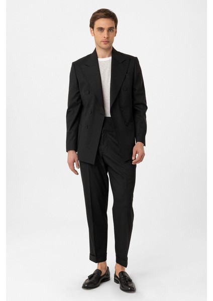 Siyah Kruvaze Kapama Italyan Kesim Yün Karışımlı Çizgili Erkek Teknik Takım modelleri